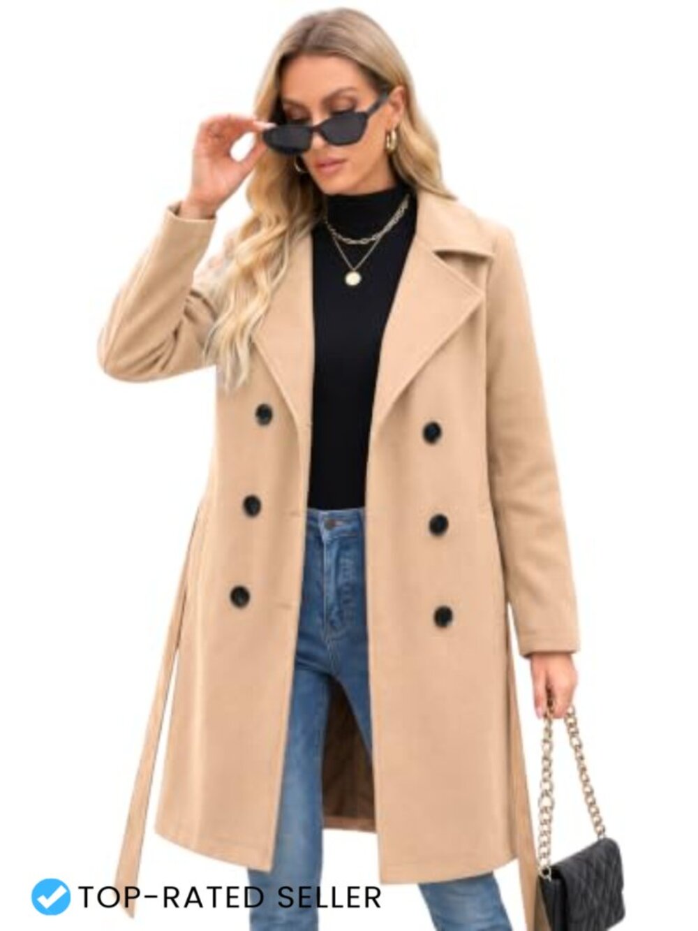 Faux Wool Double-Breasted Trench Coat Belted Winter Women's